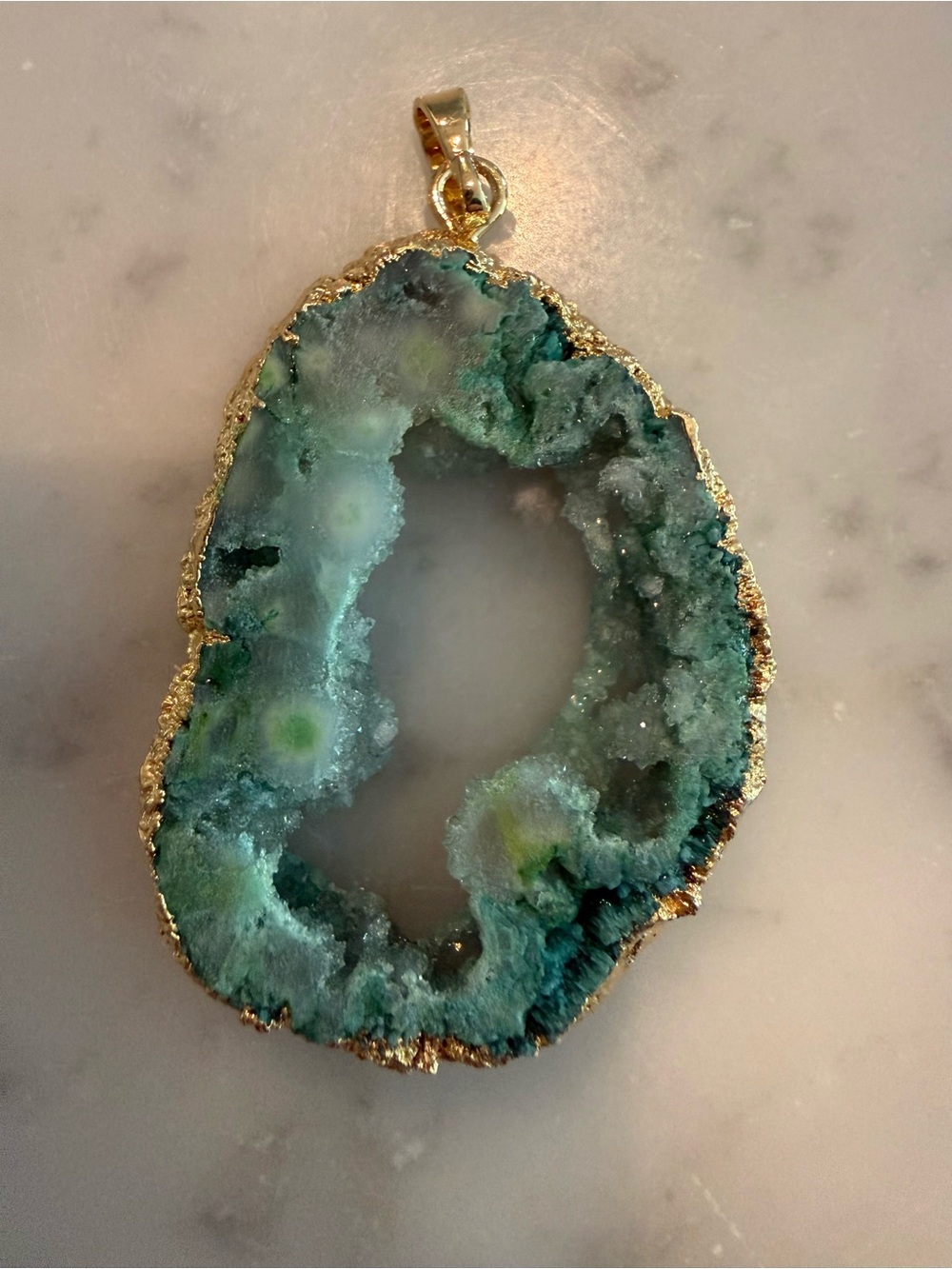Gold-Trim Green Druzy Geode Pendant Necklace